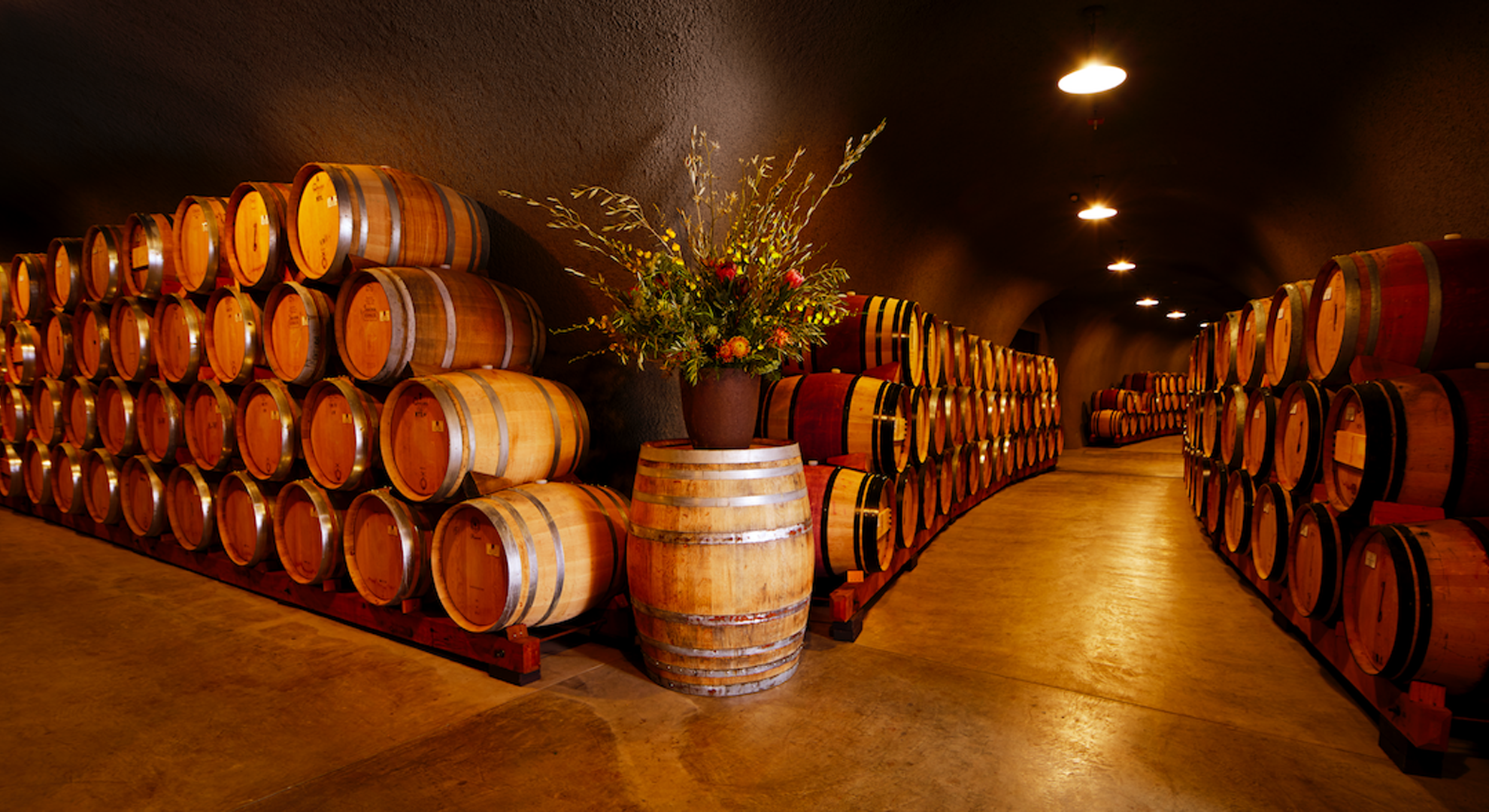 Hallway featuring rows of wine barrels.